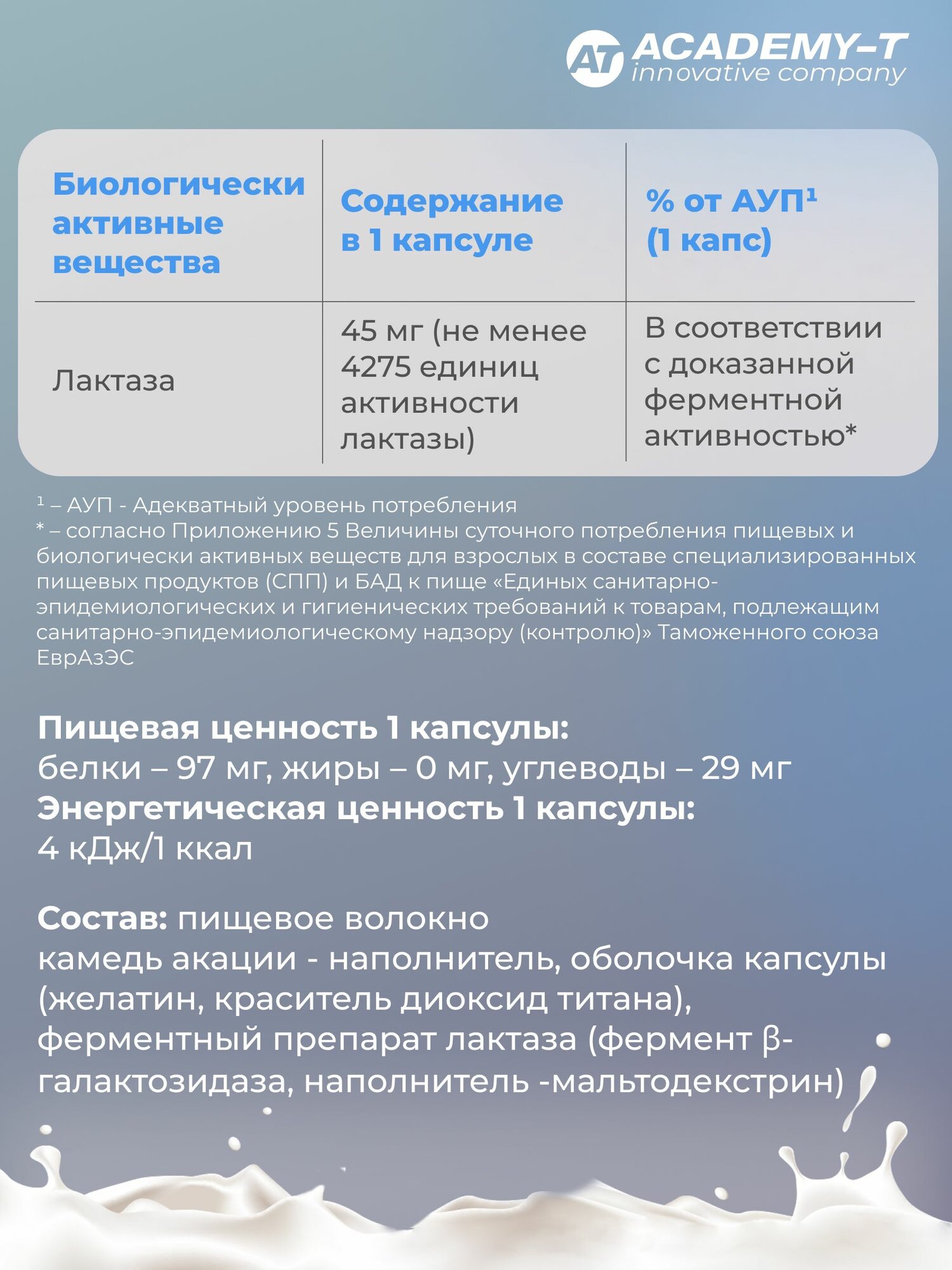 Лактаза Форте 4275 ед, фермент для усвоения молочных продуктов, Академия-Т, 90 капсул — фото 1