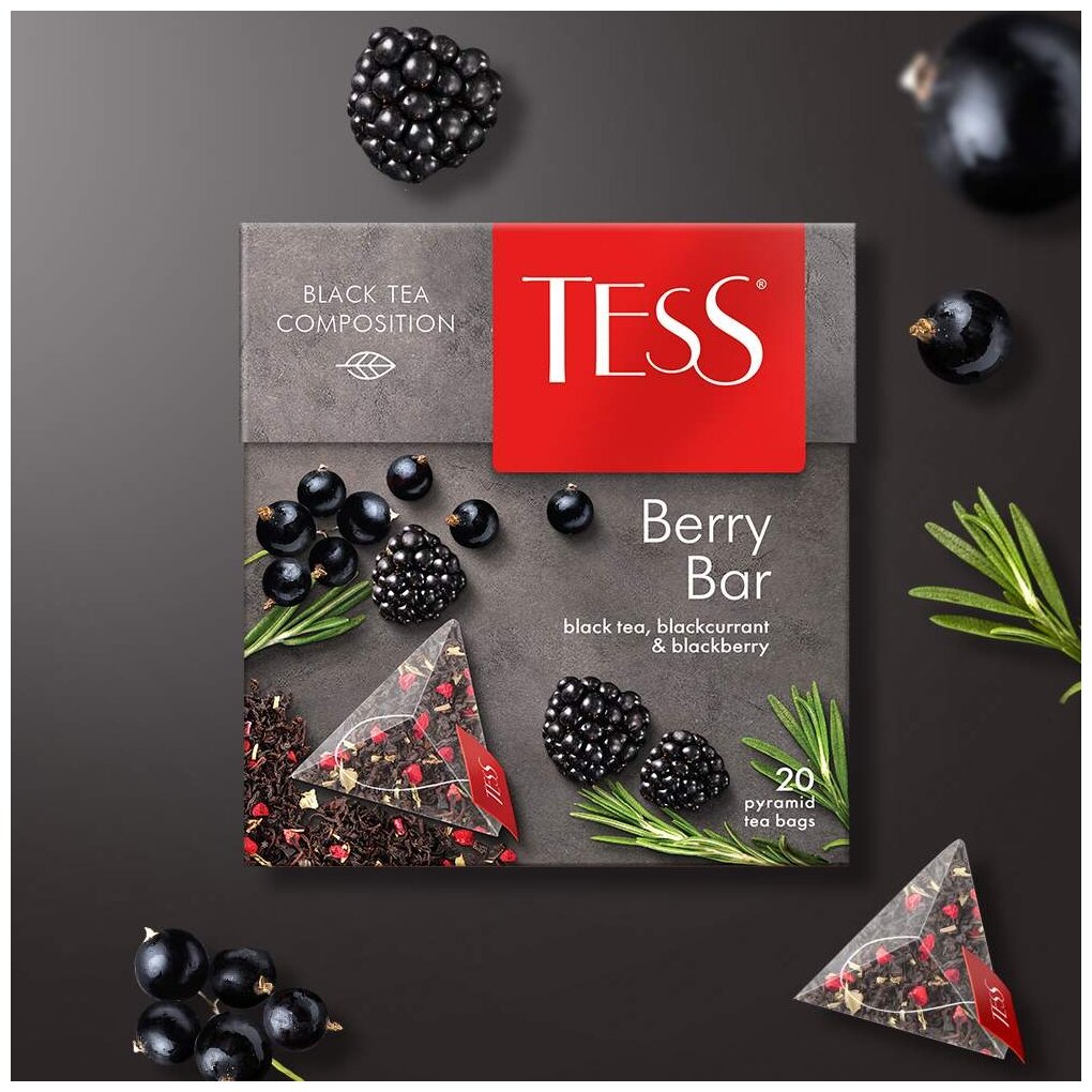 Чай TESS (Тесс) "Berry Bar", черный с ароматом ежевики и черной смородины, 20 пирамидок по 1,8 г, 0785-12 — фото 1