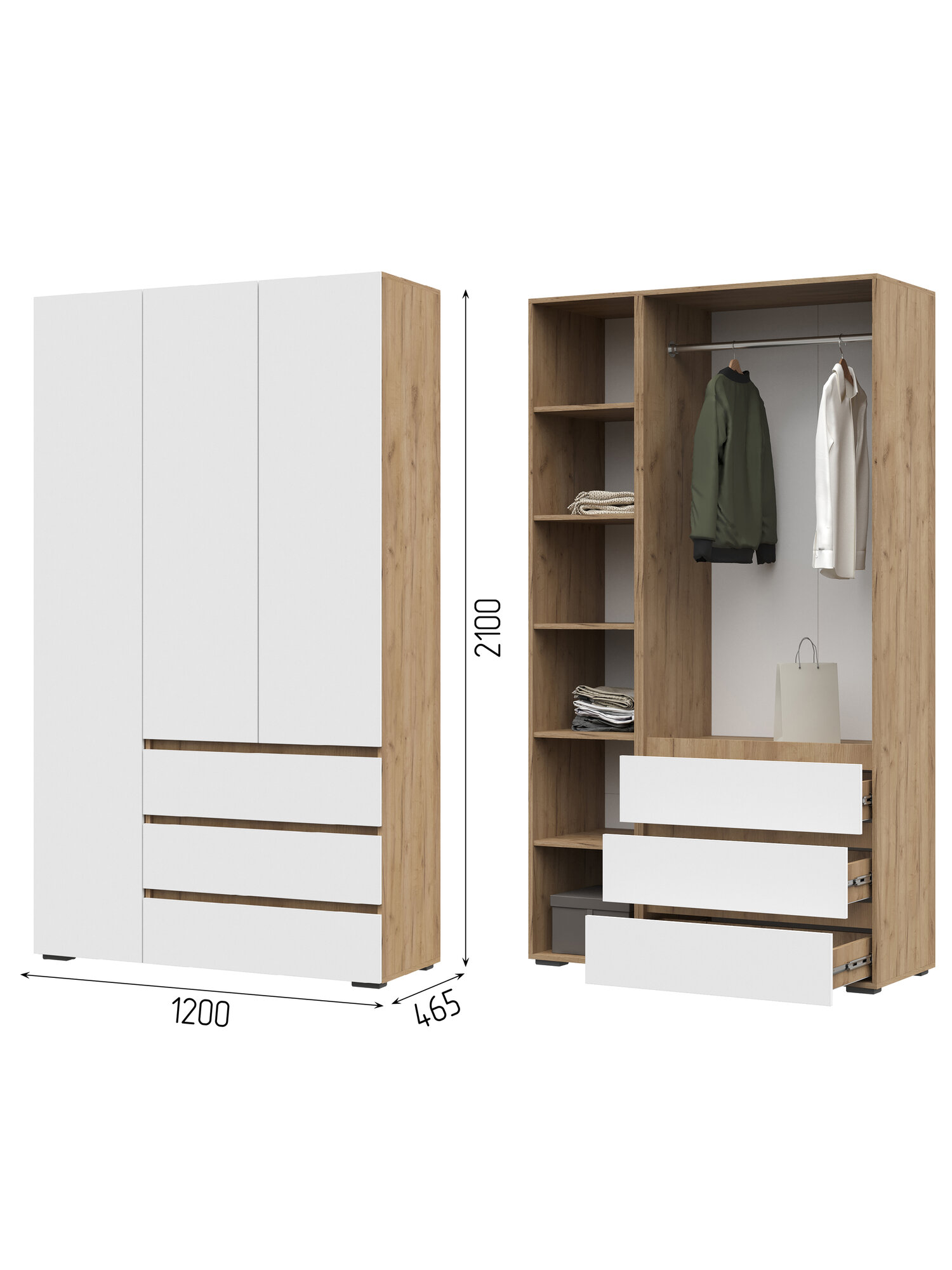 Шкаф 3х ств. с ящиками Хелен ШК-06 (1200х2080х460) Дуб вотан золото - Белый