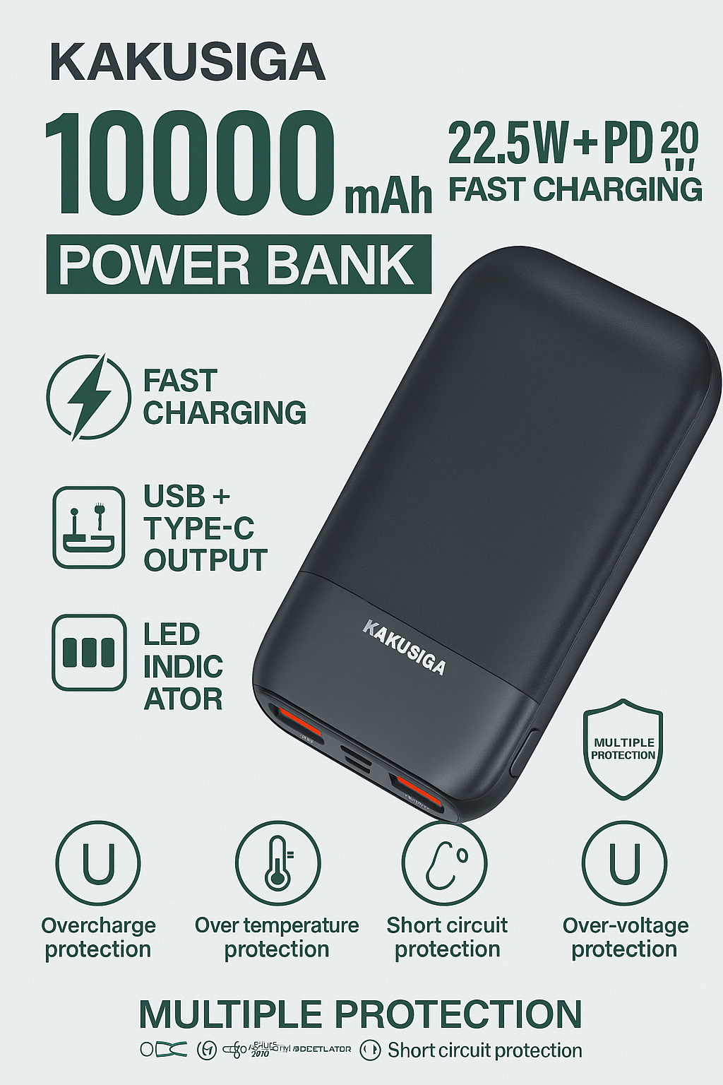 Внешний аккумулятор kakusiga, 10000mAh, 22 Вт, быстрая зарядка, влагозащищённый Premium