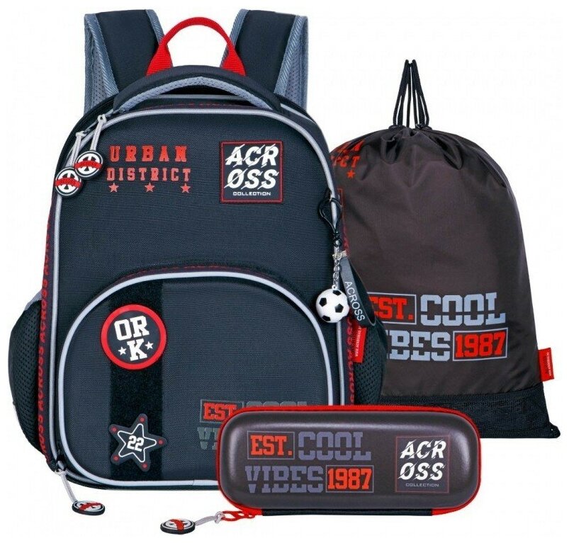 Рюкзак каркасный 37 х 28 х 12 см, Across 194, наполнение: мешок, пенал, тёмно-серый/красный ACR22-19 .