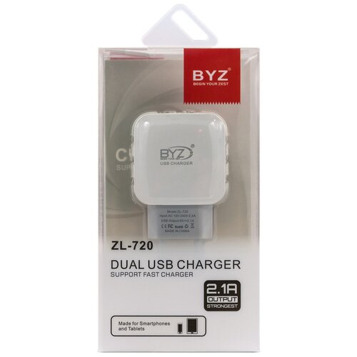 Сетевое ЗУ BYZ ZL-720 EU, 2хUSB-А, 2.1А, с разделением на ОС (Android и iOS), белый