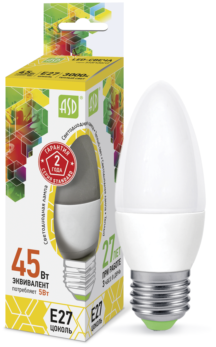 Лампа светодиодная ASD LED-СВЕЧА-STD 3000K, E27, C37, 5Вт, 3000 К