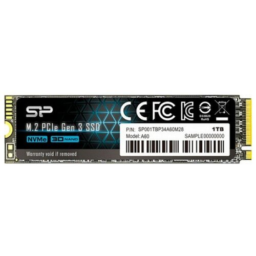 SSD M.2 Silicon Power 1.0 Tb A60 (PCI-E 3.0 х4, до 2200/1600 Мбит / с, 250000 IOPs, 3D TLC, NVMe 1.3, 600TBW, 22х80мм)