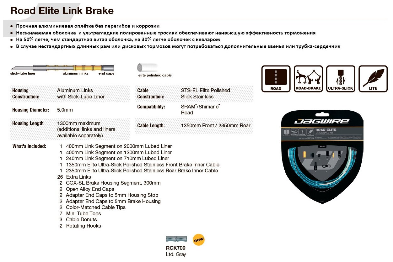 Комплект тросов тормоза с оплёткой RCK709 ROAD ELITE LINK BRAKE KIT цвет серый (лимитированная версия)