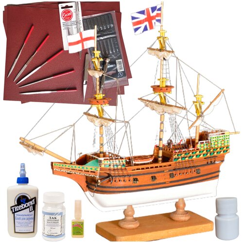 Галеон Mayflower, модель парусного корабля Amati (Италия), М. 1:135, подарочный набор для сборки + инструменты + краска, лак и клей, AM600-05-full