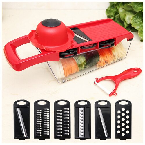 Терка. Фрукто-овощерезка, универсальный слайсер и контейнер для кухни.Ручной измельчитель механический,комплект 5 в1 стальные насадки разной формы,диаметра и нож чистки овощей