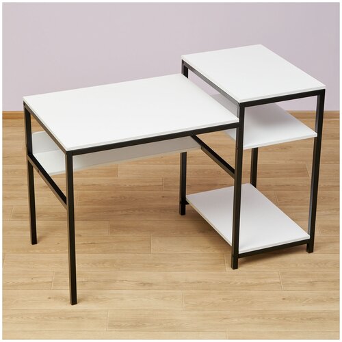 Многофункциональный стол для компьютера, принтера, системного блока, с полками Танай 2W белый/черный на металлокаркасе