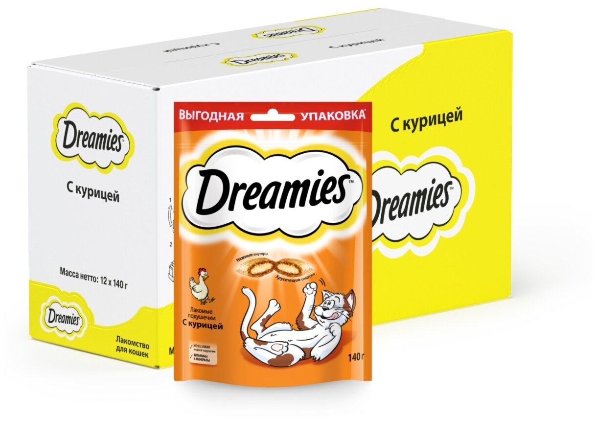 Dreamies лакомство для кошек, подушечки c курицей (12шт в уп) 140 гр