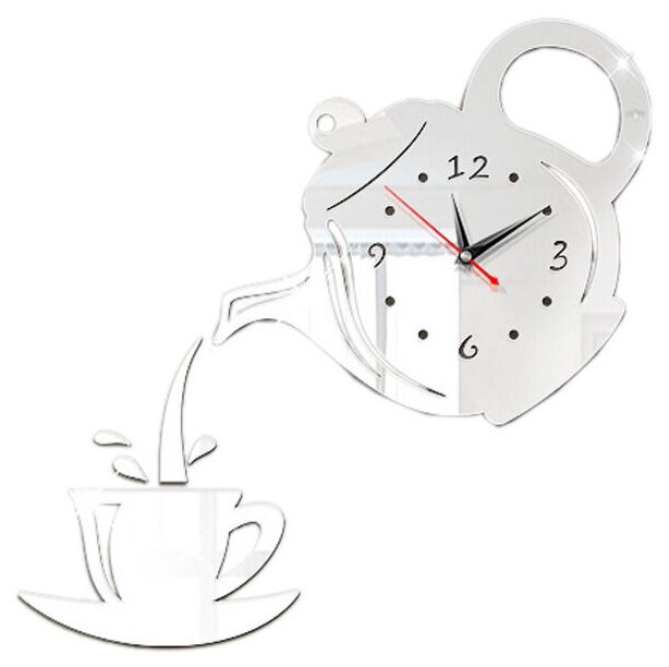 Оригинальные кварцевые настенные 3D часы MIRRON T188 С/Кварцевый бесшумный механизм/Часы конструктор/Часы наклейка/Часы в форме чайника/Часы на кухню/Серый (серебристый) цвет
