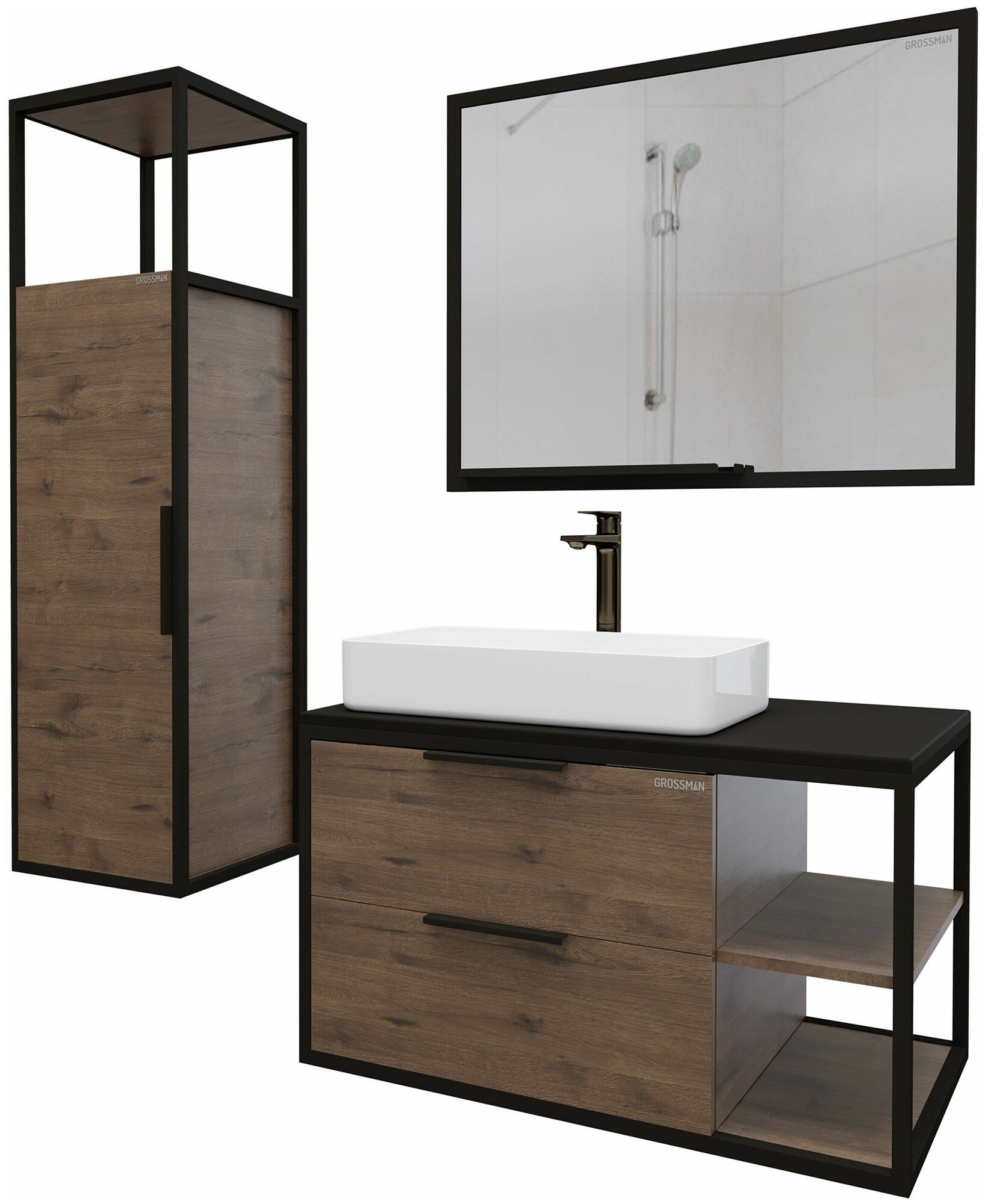 Пенал для ванной комнаты подвесной ЛОФТ-40 см универсальный веллингтон/металл черный