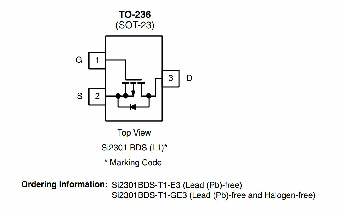 Микросхема SI2301BDS-T1-GE3 P-Channel MOSFET 20V 2.2A SOT23