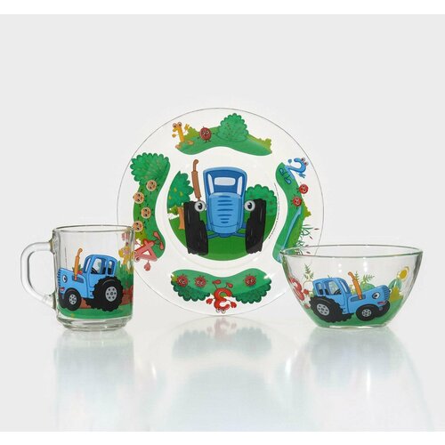 Набор стеклянной посуды Синий трактор Цифры 3 предмета кружка 250 мл тарелка 195 см салатник 128 см 1950₽