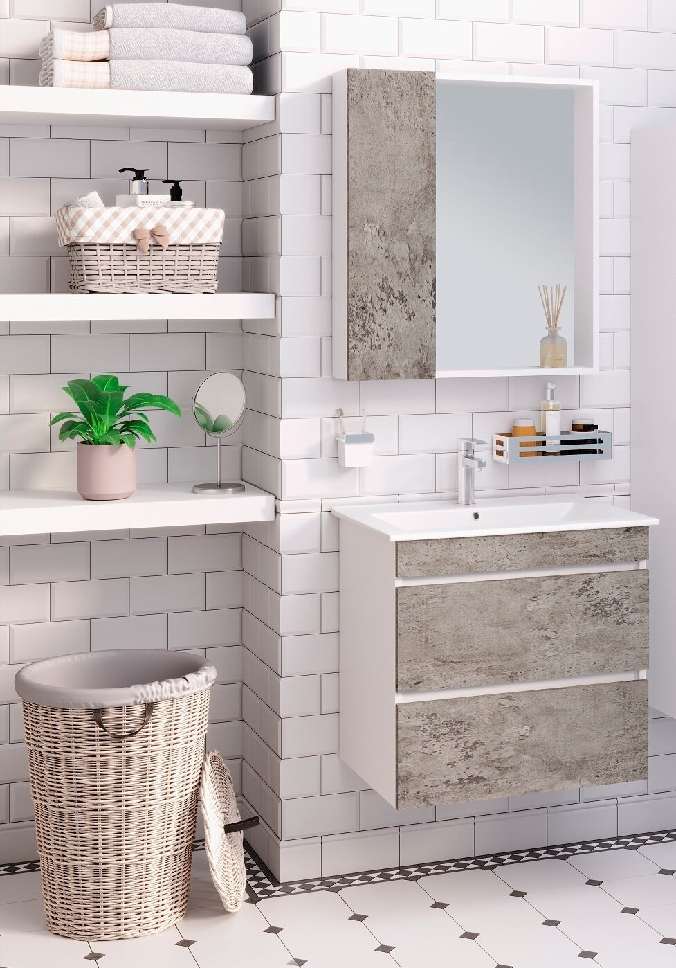 Мебель для ванной Манхэттен 75, серый бетон (тумба с раковиной, шкаф с зеркалом)