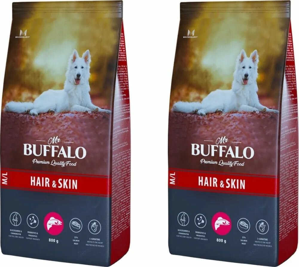 MR.BUFFALO HAIR & SKIN CARE сухой корм для собак средних и крупных пород лосось,800 г , 2шт