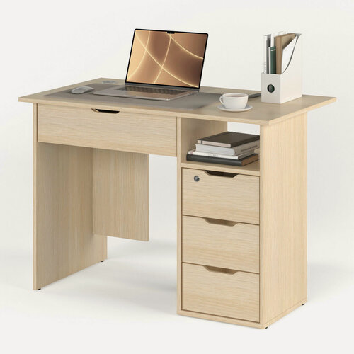 Изображение товара Письменный стол с тремя узкими и одним широким ящиком под столешницей 107х60 см. МагМебель №63Я тумба справа дуб молочный