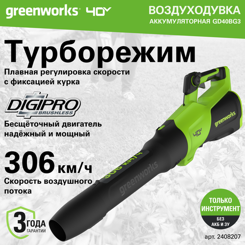 Воздуходувка аккумуляторная Greenworks Арт. 2408207, 40V, без АКБ и ЗУ черный, зеленый