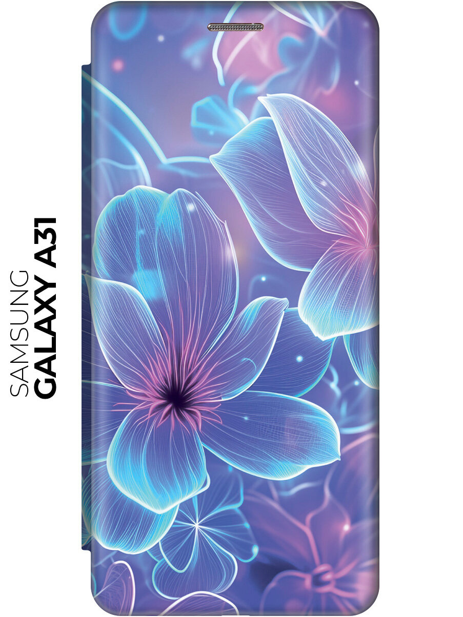Чехол-книжка на Samsung Galaxy A31 с принтом "Неоновые лилии" золотой