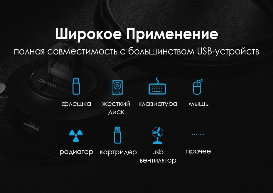 USB-хаб UGREEN CR106-20277 USB 2.0 to 4 USB 2.0 + порт для питания Micro USB Black — фото 1