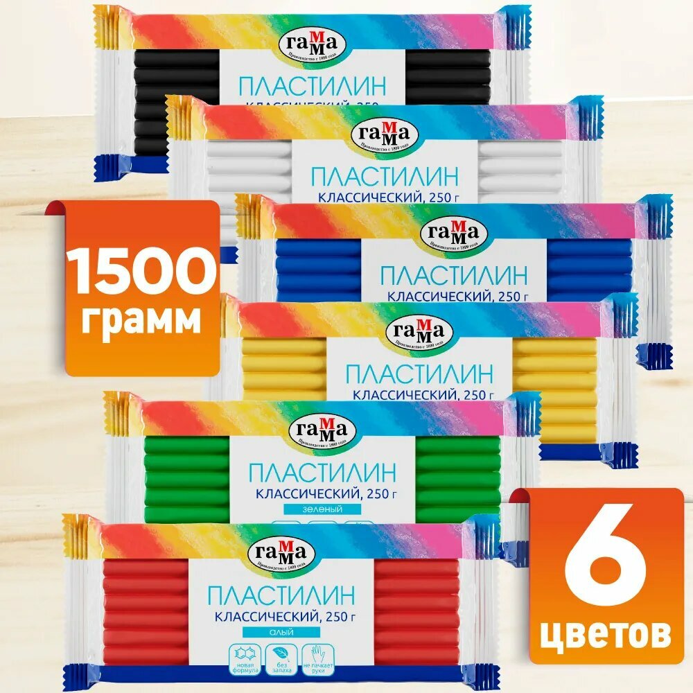 Пластилин Гамма "Классический", 6 цветов, 1500г, картон. упаковка
