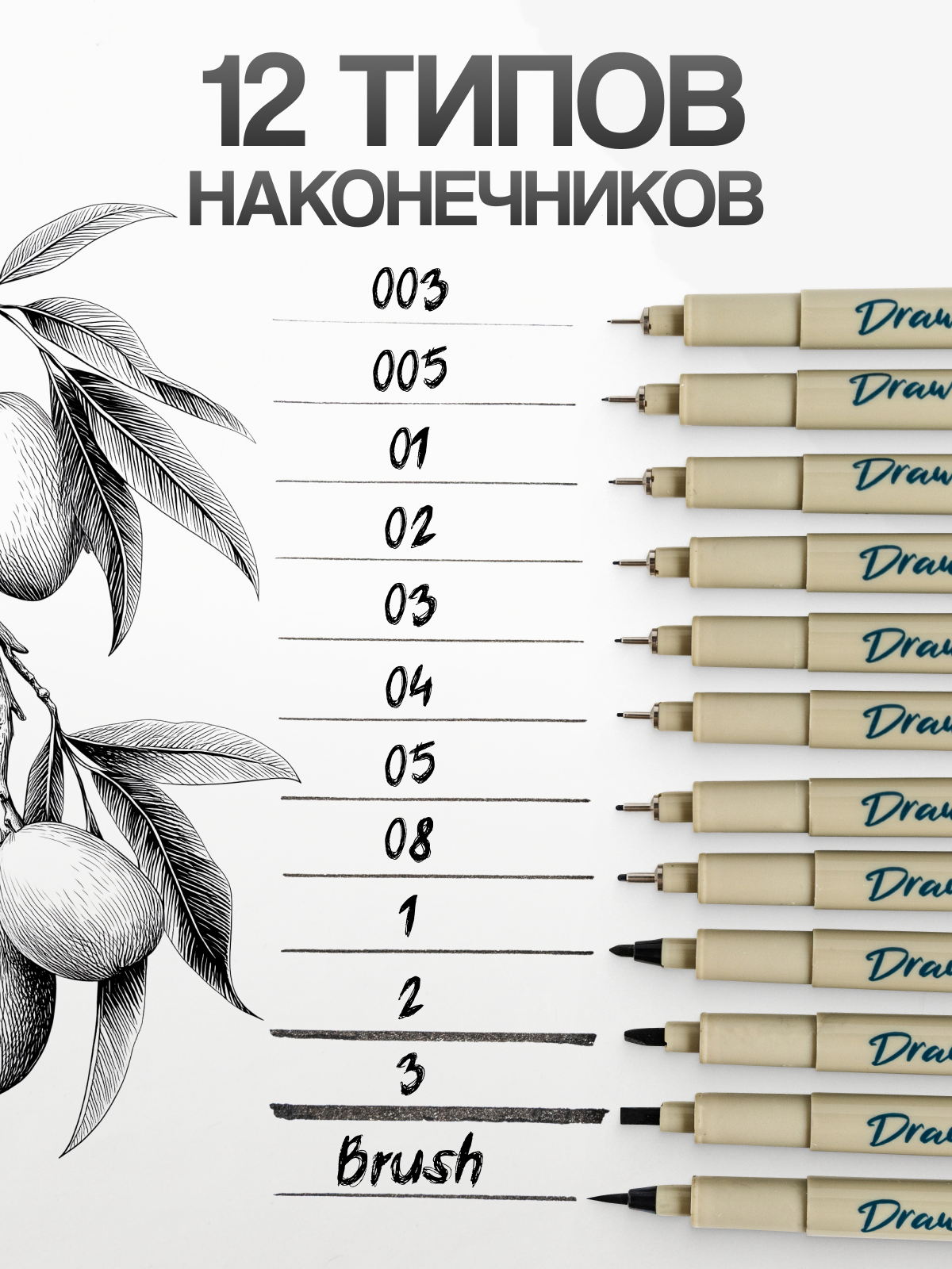 Draw Me Линеры пигментные для скетчинга рисования нейрографики черные капиллярные ручки для письма и черчения набор 12шт — фото 1