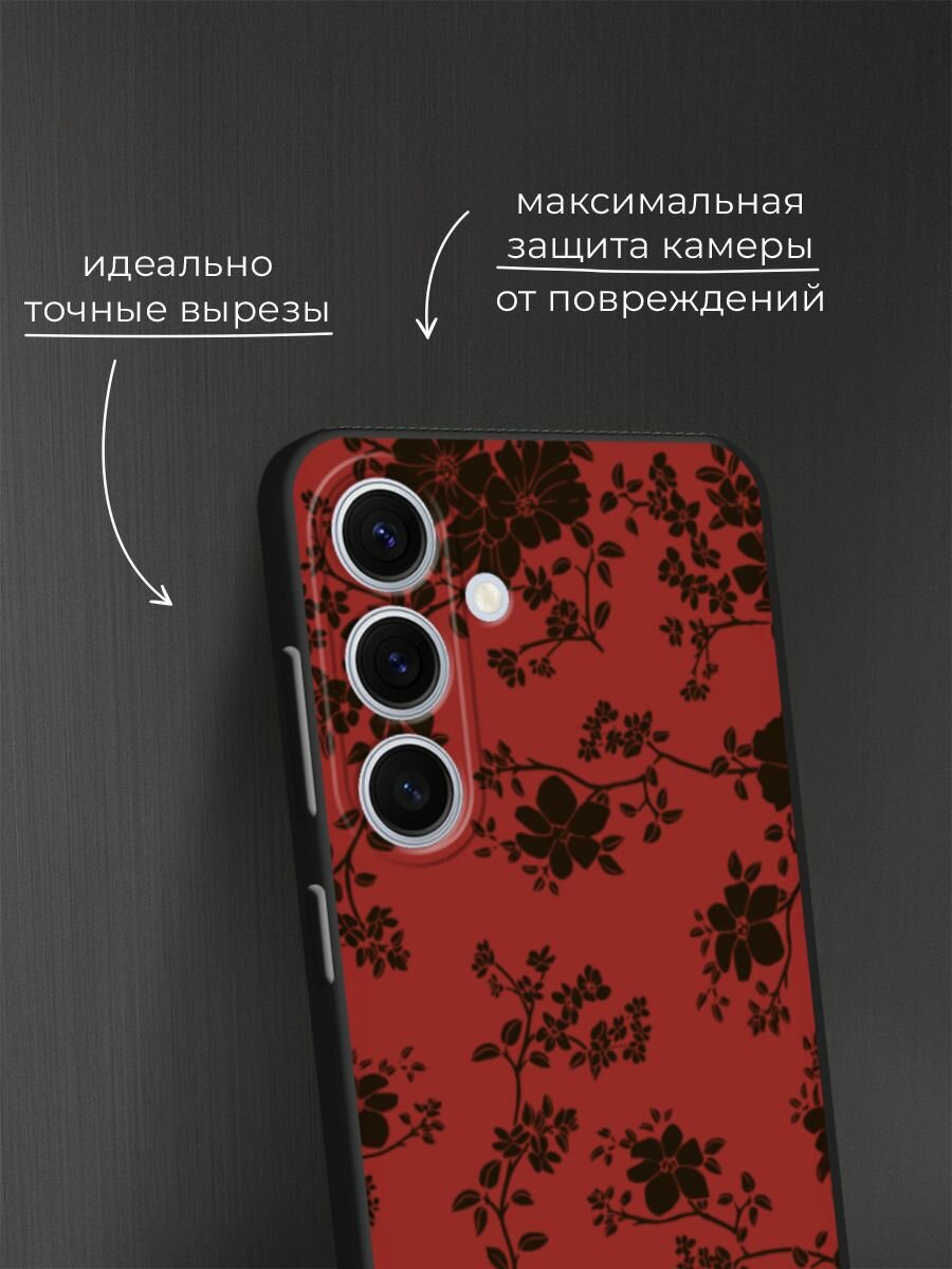 Черный матовый чехол на Samsung Galaxy S24 FE 5G / Самсунг S24 FE с принтом Черные цветы на красном — фото 1
