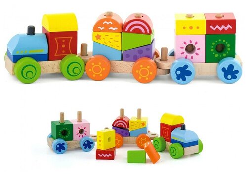 Viga Toys Конструктор Поезд 14 деталей + 3 платформы на колесах в коробке VIGA