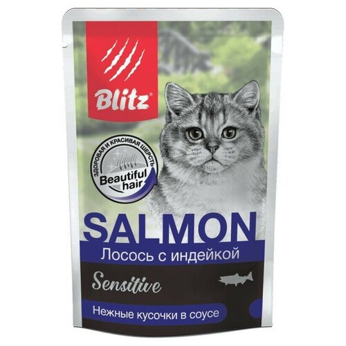 Blitz Cat Sensitive Salmon&Turkey консервы для кошек с чувствительным пищеварением, лосось с индейкой в соусе, в/у 85г