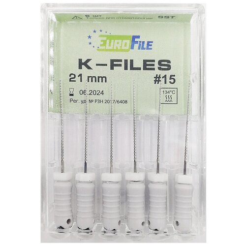 K-Files - ручные стальные файлы, 21 мм, N 15, 6 шт/упак