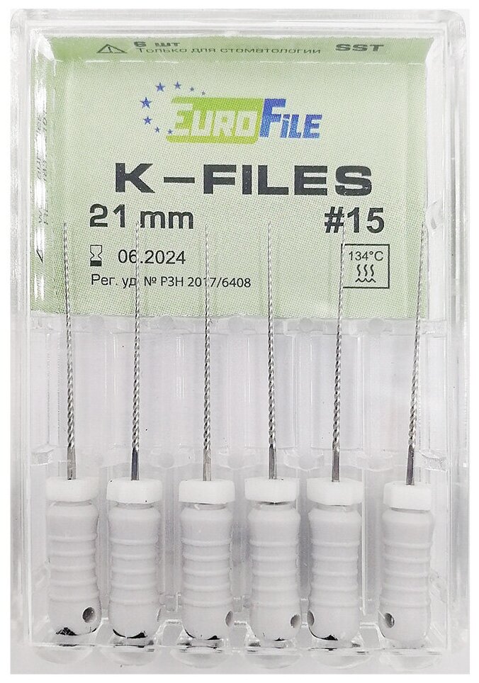 K-Files - ручные стальные файлы, 21 мм, N 15, 6 шт/упак