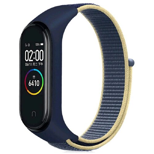 Нейлоновый ремешок для фитнес-браслета Xiaomi Mi Band 3/4/5/6/7 (ми бэнд), синий с желтым