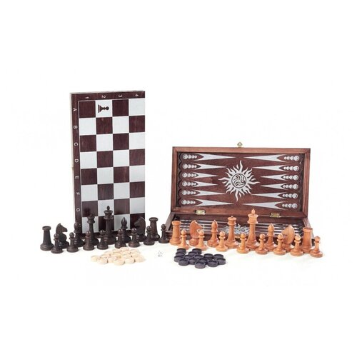Игра 3в1 малая венге, рисунок серебро с гроссмейстерскими буковыми шахматами (нарды, шахматы, шашки)