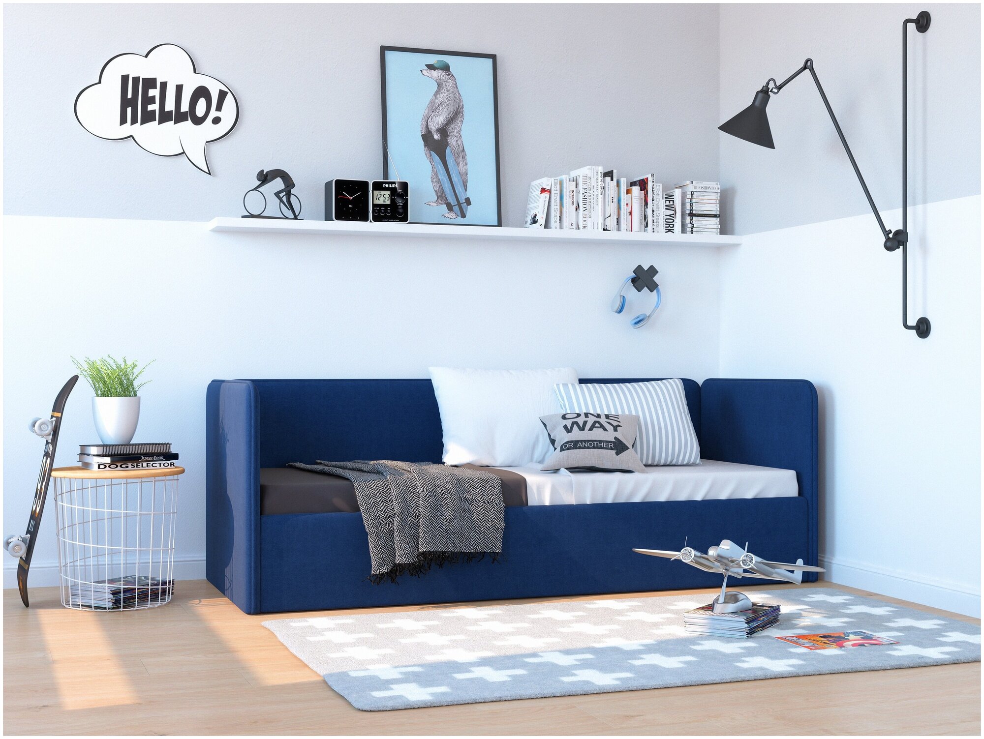 Кровать-диван Romack Leonardo 160*70 синий с ящиком для белья + боковина большая - фотография № 1