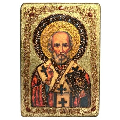 Большая подарочная икона Святитель Николай, архиепископ Мир Ликийский (Мирликийский), чудотворец на мореном дубе 42*29см 999-RTI-740m