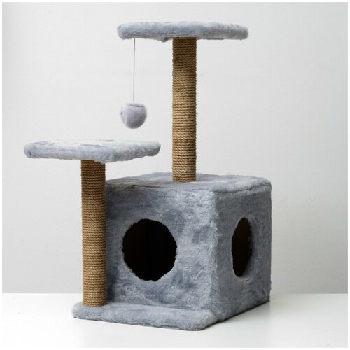 когтеточка джут для кошек с домиком 112см домик для котов игрушка для кошек Домик-когтеточка «Квадратный трёхэтажный с двумя окошками», джут, 45×47×75 см, серая
