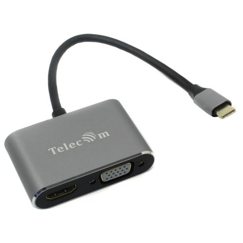 Кабель-концентратор TELECOM USB3.1 TypeCm /HDMI+USB3.0+PD+VGA Alum Grey 4K@30Hz,
