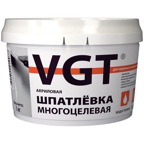 шпатлевка финишная универсальная vgt premium 16кг Шпатлевка VGT акриловая многоцелевая для наружных и внутренних работ, белый, 1 кг