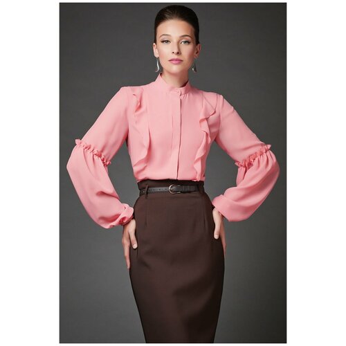 фото Блуза арт-деко, свободный силуэт, длинный рукав, однотонная, размер 50, розовый