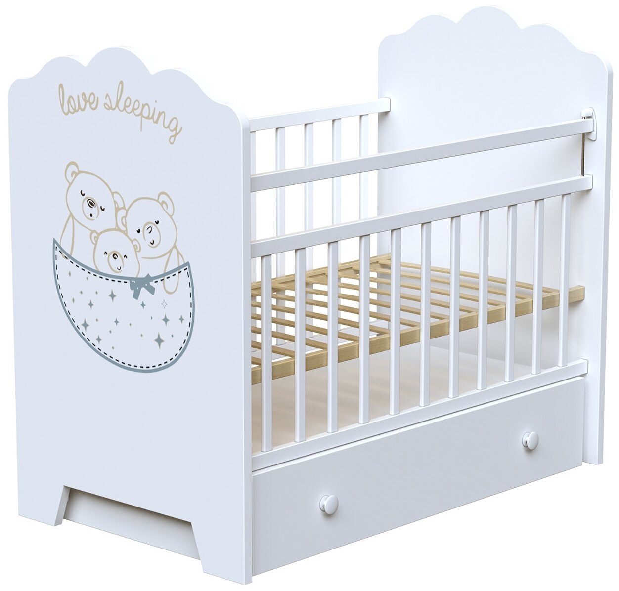 Кроватка детская для новорожденных ВДК Love Sleeping с маятником и ящиком, массив березы, белый