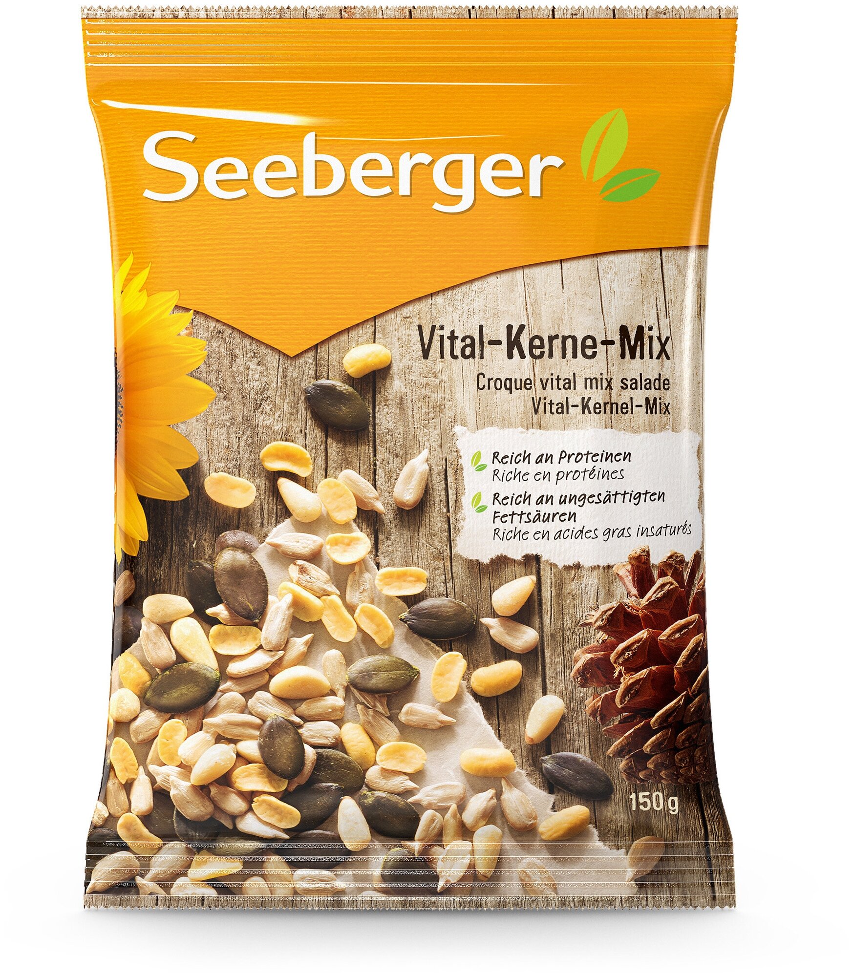 Смесь очищенных семян Seeberger подсолнечника, очищенных семян тыквы, обжаренных соевых бобов и кедровых орехов Vital-Kernel-Mix, 150г