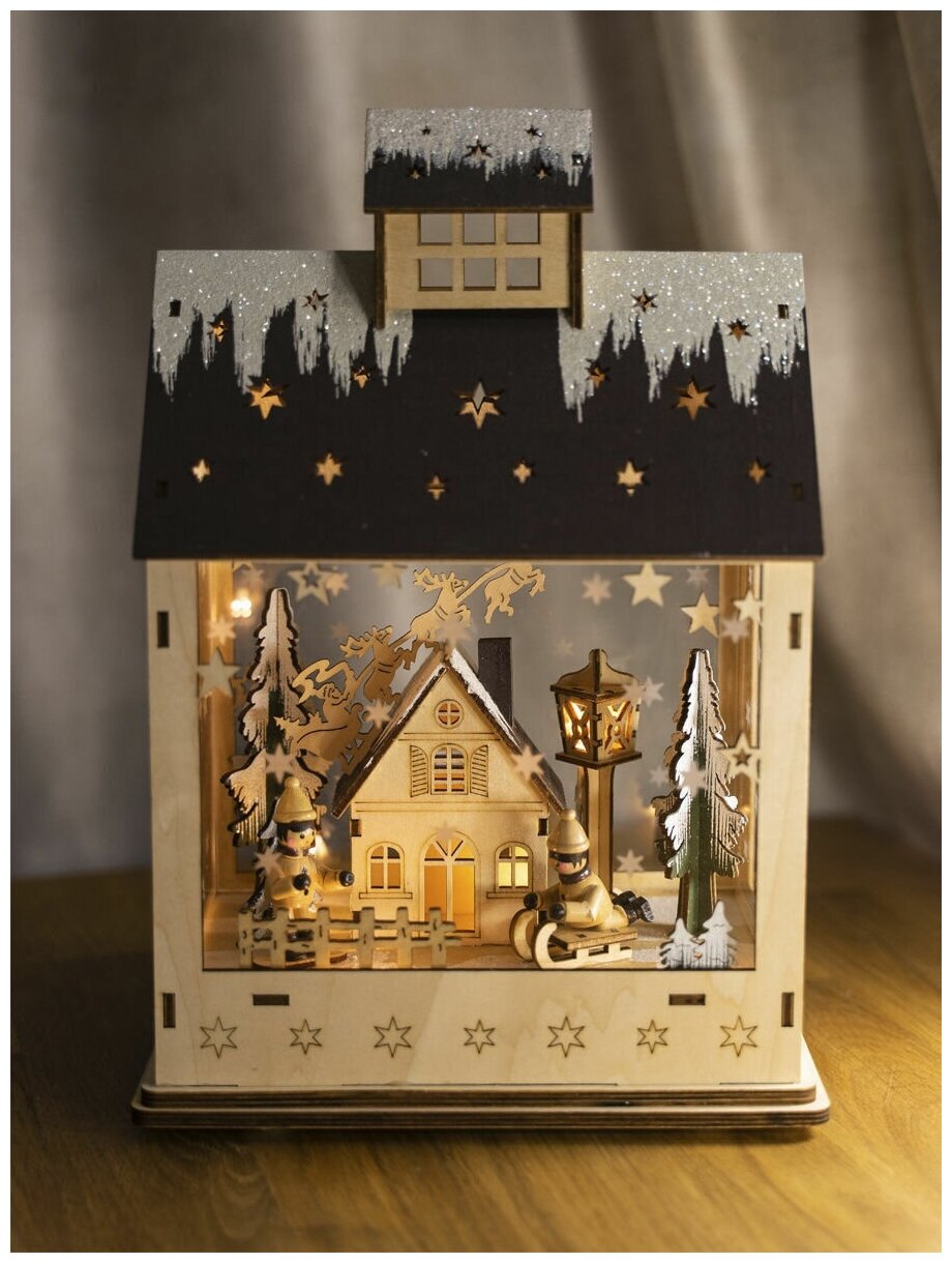 Новогодний ночник светильник деревянный светильник на окно в детскую комнату под ёлку декор новогодний деревянный ночник "Дом" 20х12х29 см