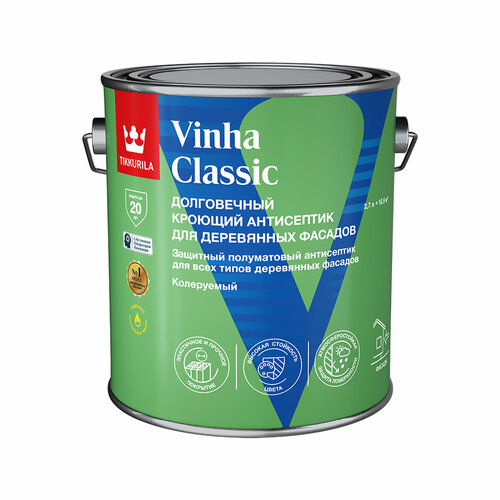 Антисептик для деревянных фасадов Tikkurila Vinha Classic, полуматовый, база С, бесцветный, 2,7 л