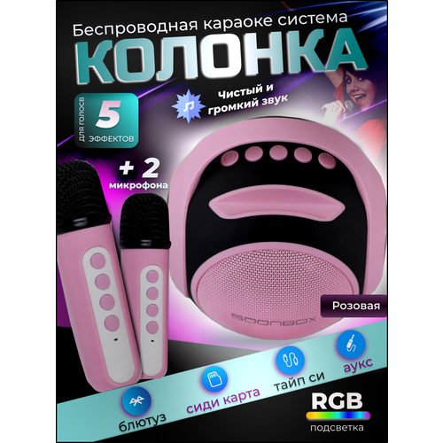 Колонка с караоке портативная с 2 микрофонами розовая 463500₽