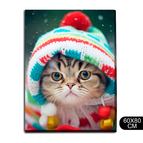 Картина интерьерная на холсте новый год 2024 котеечка в шапке (Happy new year, Рождество, кот) - 139 В 80x60
