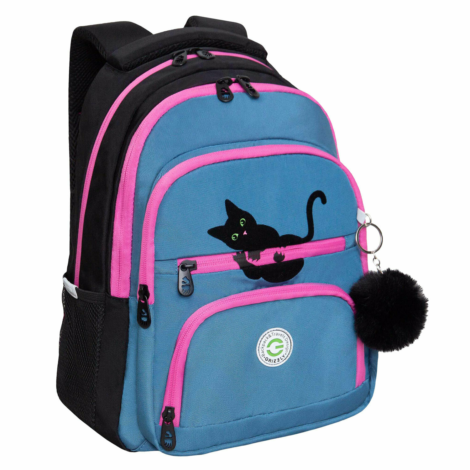 фото Рюкзак GRIZZLY школьный, укреп. спинка, 3 отделения, д/дев, CUTE KITTEN, син,39х30х20см, RG-362-1/2