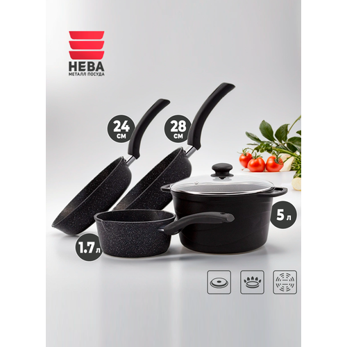Набор посуды для приготовления Нева Металл Посуда сковороды 24 и 28 см ковш кастрюля 5 л с крышкой 5 предметов 12990₽