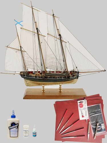 Изображение товара Сборная модель корабля, люгер "Петергоф", 520 часов, 505х372 мм, М.1:72, подарочный набор, инструменты, лак, клея