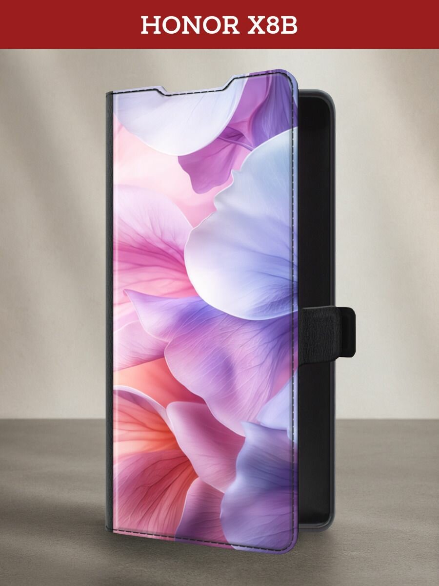 Чехол-книжка на Honor X8B / Хонор Х8B с принтом Щелковые лепестки, черный