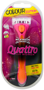 Фото Женский бритвенный станок WILKINSON SWORD Schick QUATTRO for Women COLOUR EDITION (1 станок, 1 сменная кассета), 4-лезв., плавающая головка, увл.полоска, прорезиненная ручка