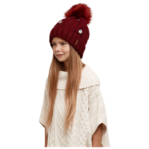 Детская шапка для девочки с меховым помпоном и стразами кристаллами, флисовый подклад, с отворотом, детская вязаная шапка, бордовый цвет